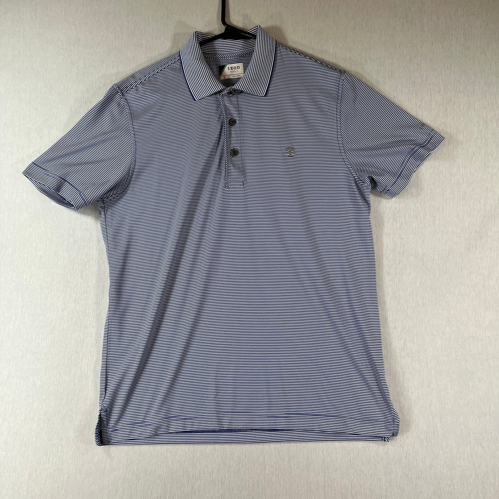 IZOD Golf Polo Mens Small Blue White Striped Short Sleeve Performance Stretch